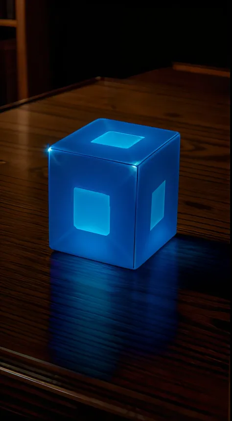 A photograph photorealistic realism, a very small glowing blue cube on a desk in a dark haunted horror mansion, wide shot