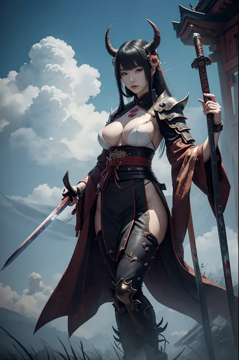 (Female ghost attendant)、demon mask,Super beauty,Solo Adult Demon Woman、Like the whole body、(Armed with a large Japan sword)、Mature breast big female demon.Stand facing the front,Demon Armor,magnificent artwork、((Kyoto Panel Painting Style))、Wind-effect:1....