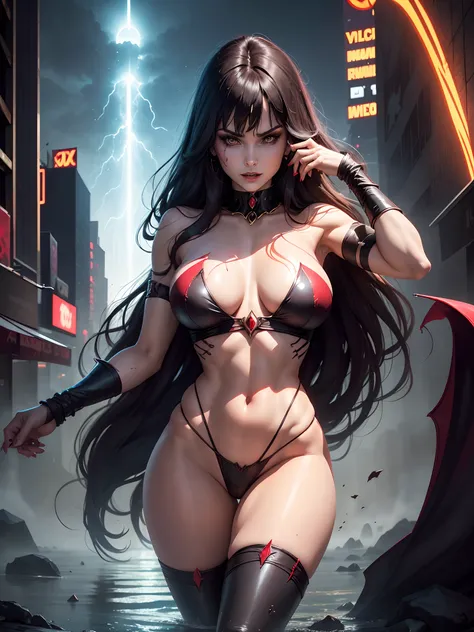 In New York, Time Square, Vampirella is a fictional vampire superheroine created by Americans Forrest J Ackerman and Trina Robbins, in the horror comic book Vampirella #1, perfect face beautiful, Vampirella coming from the planet Drakulon, a world where bl...