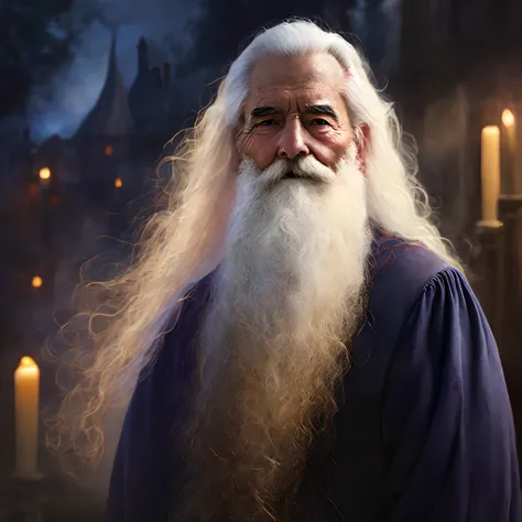 Portrait of a old man with a long white beard, magician, realistic, detailled, cinematic, background: magical school, blur in background