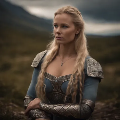 Nordic warrior Goddess, blonde hair, fierce blue eyes, full nude body, she is kneeling