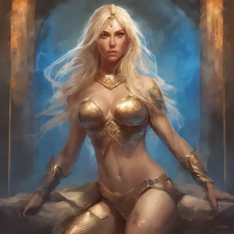 "blonde hair,fierce blue eyes,full nude body,kneeling in a sensual way,Nordic warrior Goddess,medium:oil painting,ultra-detailed,realistic,physically-based rendering,vivid colors,soft lighting"