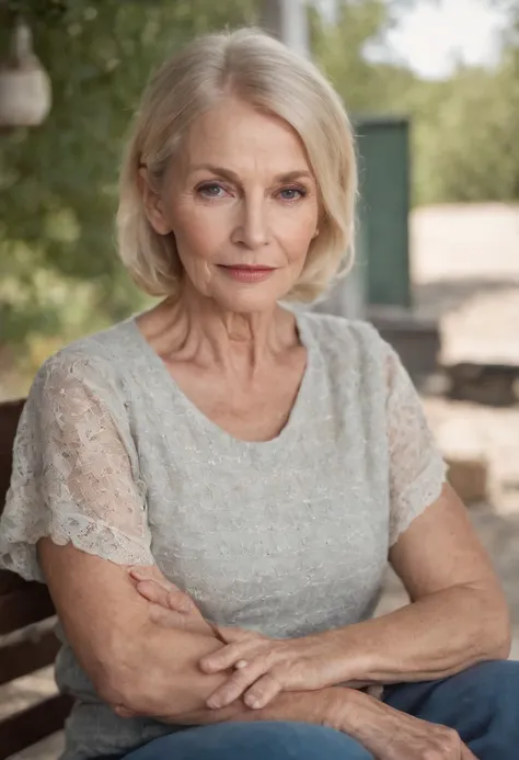 A short female, petite, thinning blonde hair, 60 years old, some wrinkles, small nose small mouth, bulging eyes, sitting on a porch in front of her trailer, holding a coctail