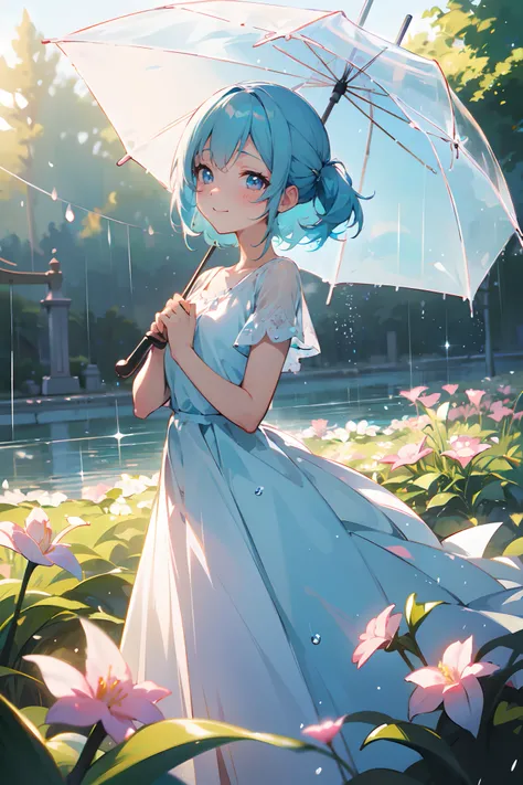 (Best Quality, 8K, masutepiece:1.2, NSFW ),Cutest,Cute Girl,mesugaki,Beautiful face,Beautiful eyes,Beautiful hair, Light blue hair,,soft sunlight,rain falling,Drooping water droplets,Nice dress,Innocent smile,Awesome awesome backgrounds,Atmosphere of bliss...