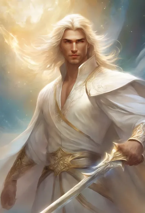 A male. He is a heavenly being and he is dressed in all white, has blond hair and is armed with a sword. He also has a white mask to hide his face