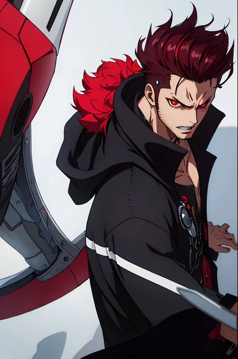 one cyborg guy, wearing a black overcoat, red eyes, bloond hairs