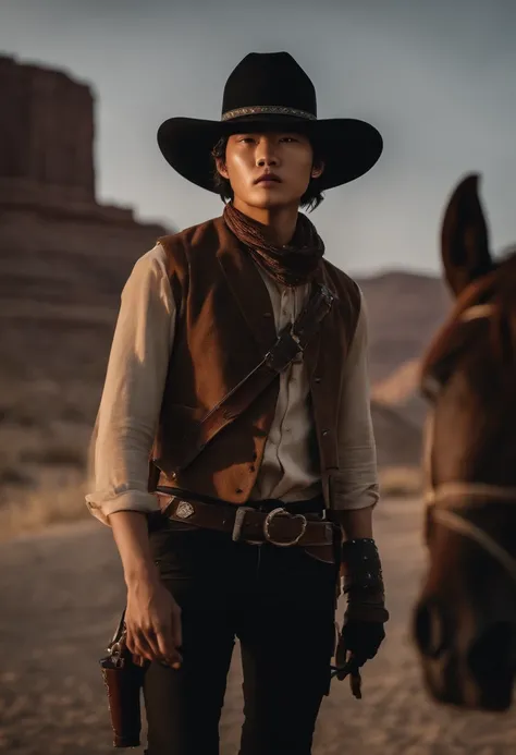 Yang Jeongin from Stray Kids as a cowboy in the wild west with a horse and gun