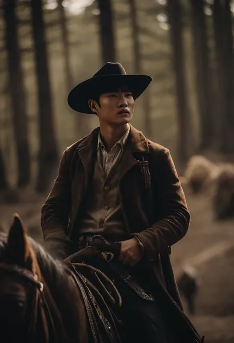 Yang Jeongin from Stray Kids as a cowboy in the wild west with a horse and gun