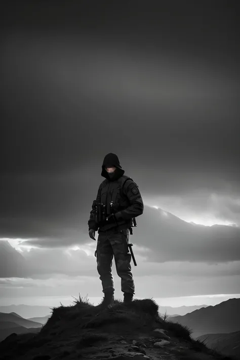 highres:1.2,realistic)Chechen man covered face, mountain,portrait,dark atmosphere,dramatic lighting,rough texture,ominous sky,militant,fierce expression,shadowy figures,camouflage clothing,piercing eyes,tense atmosphere,mysterious,decorative headgear,gritt...