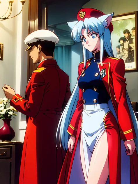 (1980s anime), tall woman wearing a long red coat over a white navy uniform, athletic figure, strong thighs, small breasts break...