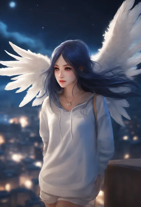 "Image Quality: 8K (Best Quality Scale: 1.2), Artistic Style: Realistic, Photorealistic Factor: 1.37, Clarity: Ultra High Definition, Subject:1girl flying above stunning cityscape ,hoodie,blue hair, neon color shooting stars, very long hair, off shoulder, ...