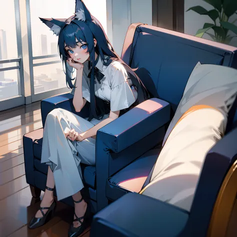 19-year-old woman。greyt hair。Deep Blue Eyes。Wolf ears and tail。small tits。Short stature。Sitting on a chair。Stay at the hotel。