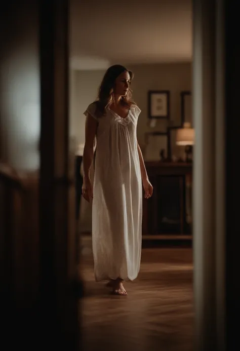 A hanfend walking around the house in a nightgown