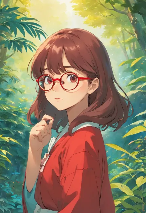 uma menina de cabelo castanho escuro , Wearing a red pair of glasses, no estilo de paisagens de jardim tranquilas, animated color photos, Masami Teraoka, aquamarine, Paulo Gauguin, Estilo Embry, retrato honesto