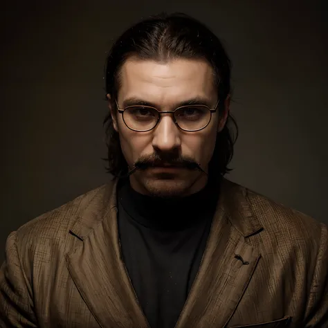 ((solo))a 40 year old Russian demon character with red skin color and black curly hair.A pointy nose and a pointy moustache.Has a jawline and a scar on his cheek.Wears black glasses and a brown suit from the 60s and a white t shirt underneath.he has a thir...