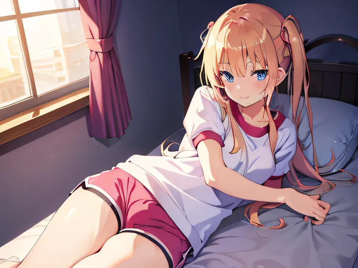 ((masutepiece)), ((best quality)), (ultra-detailed), anime style, on the bed, cute little girl s, 1girl in, solo, gym shorts 00,...