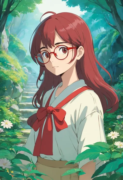 uma menina de cabelo longo castanho escuro , Wearing a red pair of glasses, usando piecing na orelha, com roupa preta,  estilo de paisagens de jardim tranquilas, animated color photos, Masami Teraoka, aquamarine, Paulo Gauguin, Estilo Embry, retrato honest...