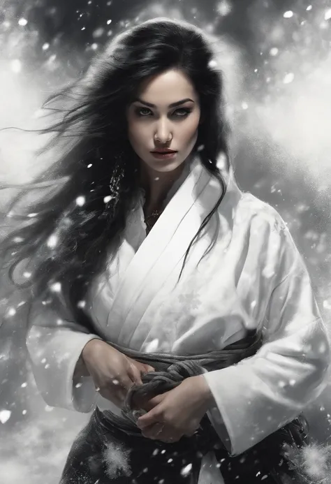 obra maestra, calidad superior,Artes marciales estilo devilcore, apariencia absurdamente hermosa de las artes marciales detalladas por cg, mujer delgada, alta figura de reloj, grandes pechos, tez blanca, cabello negro, On a snowy mountain, sosteniendo una ...