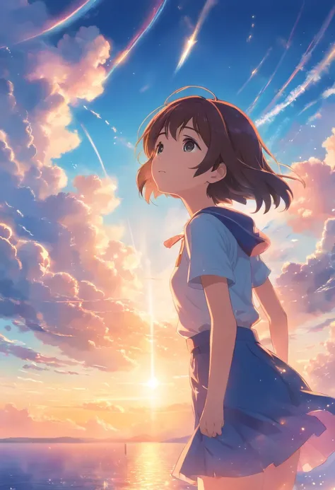 masterpiece, best quality, movie still, 1girl, cloud girl, floating in the sky, close-up, bright, happy, warm soft lighting, sunset, (sparks:0.7)