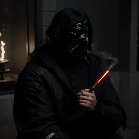 Star wars, kylo ren, casco de kylo ren, fumando, smoking, cigarrillo en la mano.