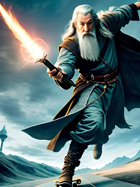 Gandalf doing a 720 back spin on a skateboard while using his sword to fight the balrog