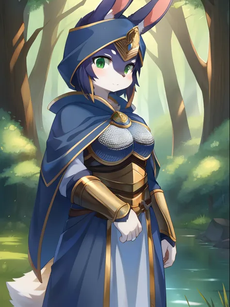 masterpiece, solo, 1girl, Furry, kemono, furry rabbit, anthropomorphic, female, (navy fur, navy skin), green eyes, scale mail armor, blue cloak, forest, uploaded on e621,