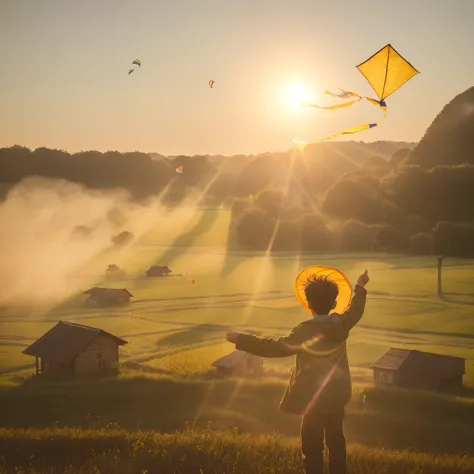 there is a young boy flying a kite in a field, unsplash contest winning photo, pexels contest winner, unsplash photo contest winner, sunny morning light, cinematic. by leng jun, pixabay contest winner, by Matthias Weischer, unsplash contest winner, radiant...