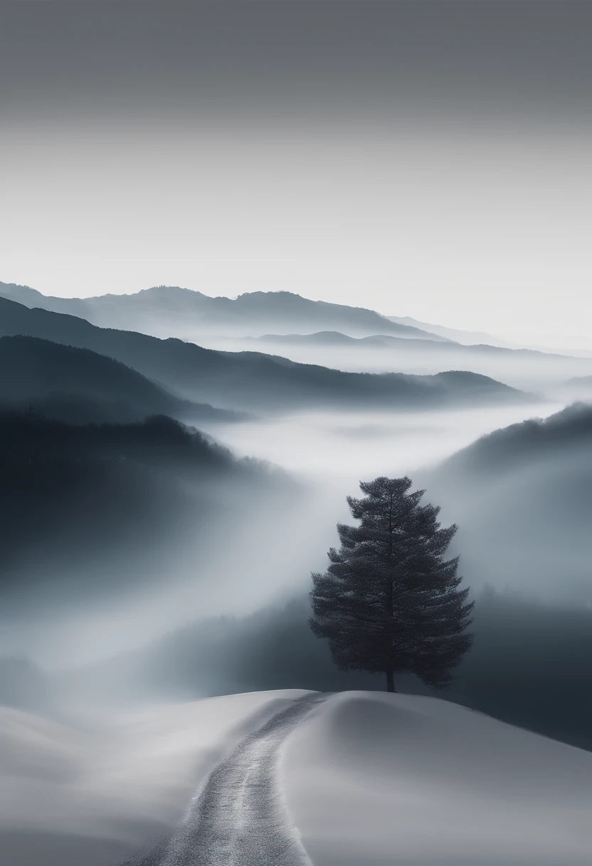 Gray dark sky，Clouds that have just snowed lightly，Gray clouds，There is a rough path in the vista，It leads directly to the mountains from bottom to top，On the hill is a small temple，Looming，The mountain is surrounded by blurred trees，On the tree is Rima，8K...