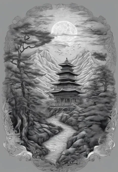 Gray dark sky，Clouds that have just snowed lightly，Gray clouds，There is a rough path in the vista，It leads directly to the mountains from bottom to top，On the top of the mountain is a ruined small Taoist temple(Faraway view)，Looming，The mountain is surroun...