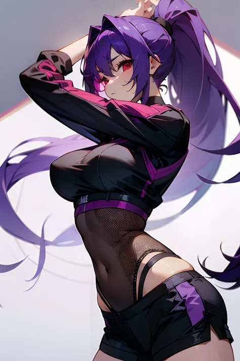 1girl, long purple hair, red eyes, black mesh top, lowleg shorts, stretching, big breasts, high ponytail