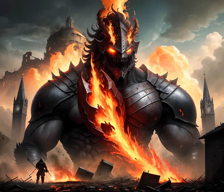 an illustration of apocalyptic medieval city. getting destroyed by a giant elemental titan of fire