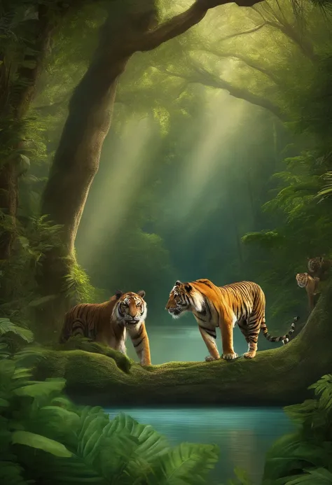 A forrest with tall and green trees surrounded by wild animals such as tigers and monkeys, complemented by a river and a blue sky