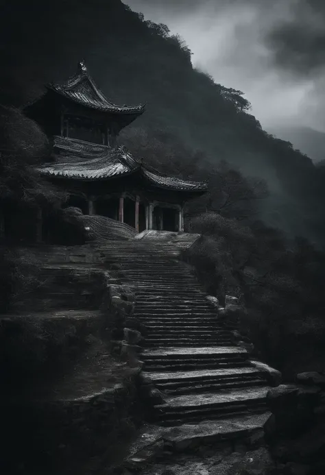 grey sky，Clouds that have just snowed lightly，Gray clouds，There is a rough path in the vista，It leads directly to the mountains from bottom to top，On the top of the mountain is a ruined small Taoist temple(Faraway view)，Looming，The mountain is surrounded b...