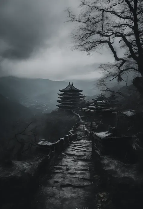 grey sky，Clouds that have just snowed lightly，Gray clouds，There is a rough path in the vista，It leads directly to the mountains from bottom to top，On the top of the mountain is a ruined small Taoist temple(Faraway view)，Looming，The mountain is surrounded b...