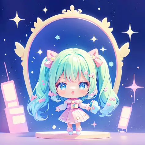 (chibi), idol, singing on the scene in the space, kawaiitech, kawaii, cute, pastel colors, best quality, happy, scifi, deep background