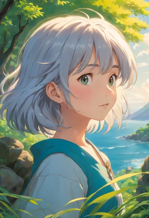 Produce a meticulously detailed depiction of a silver-haired girl standing before a captivating natural vista. Her hair should be rendered in an intricately messy yet artful fashion, suggesting a windswept and carefree demeanor. Pay keen attention to her f...