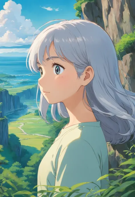 Produce a meticulously detailed depiction of a silver-haired girl standing before a captivating natural vista. Her hair should be rendered in an intricately messy yet artful fashion, suggesting a windswept and carefree demeanor. Pay keen attention to her f...