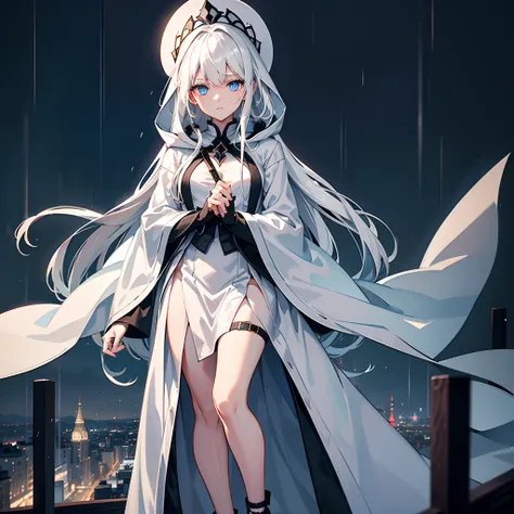 Rooftop of a building late at night in the rain、Rainy night view、One Wizard Girl Standing、Wizard black hooded robe、white t-shirts、a black skirt、white hair with a green mesh、Blue eyes with highlights、Looking at me with a desperate expression、Wearing a large...