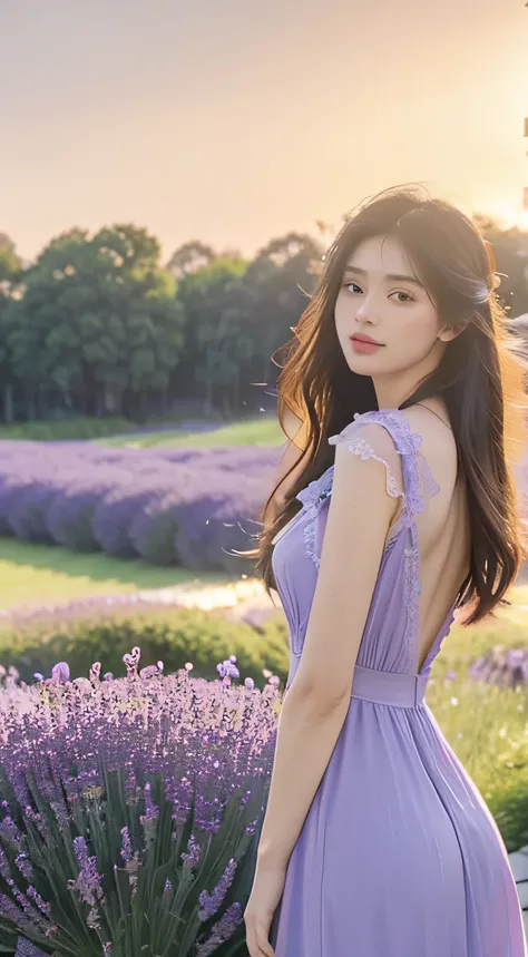 (hyperrealistic), (8K), 1 young girl, (beautiful detailed eyes), (beautiful detailed lips), (extremely detailed face), (long eyelashes), (soft smooth skin), (Supermodel body), (supermodel measurements), (wear Dress with a lace top), (in the lavender field)...