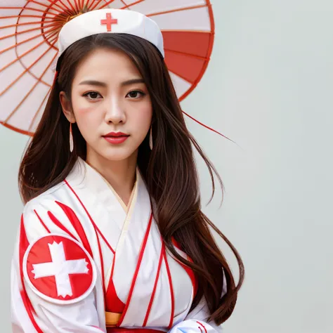 anime character of a nurse, wearing a white kimono, with a red cross on her white hat, a red ribbon wrapped around her waist, and with a red cross on her shoulder, girl nurse, healer, Korean woman, Japanese woman, a beautiful illustration of art, in digita...