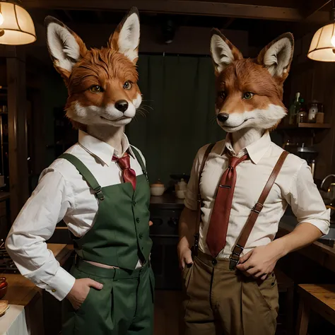 An animatronic fox with green eyes and brown pants, white button up as well as red suspenders