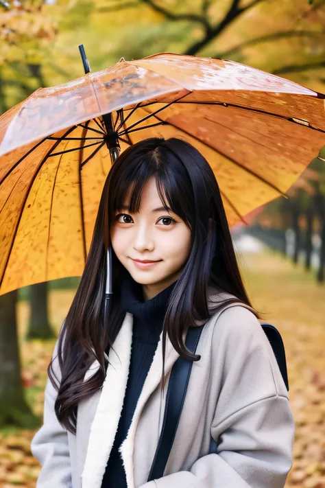 Japan women in their 20s posing in autumn clothes with umbrellas in a park with autumn leaves in rainy autumn,a beauty girl,Straight face,young gravure idol