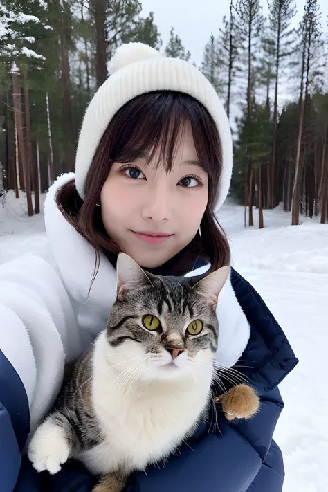 a pregirl, and a round-eyed cute cat, On the snow, snow mountains, ln the forest.