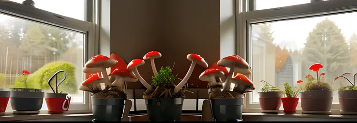 Red fly agaric mushrooms grow in pots in the kitchen near the window