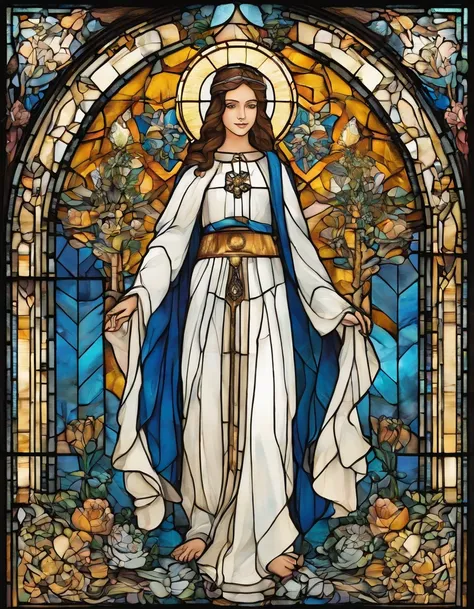 1 menina, 18 anos, alta, magra, bonita, cabelo loiro liso com franja, olhos azuis. White dress with blue command as of Our Lady of Grace. wearing prescription glasses.