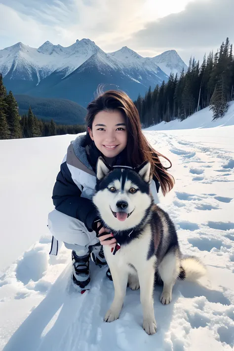 18-year-old girl, and a husky, On the snow, snow mountains, ln the forest.