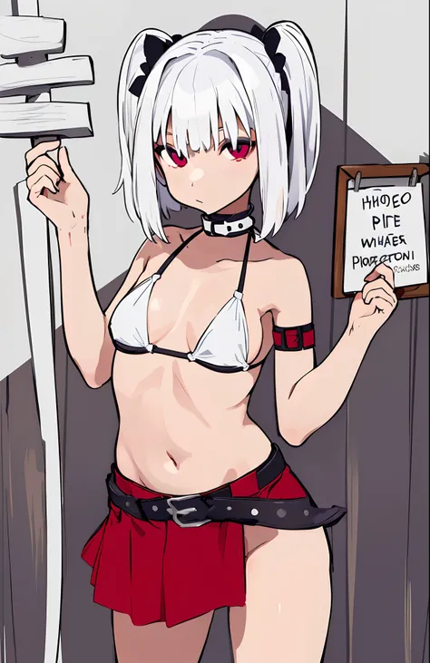 girl with white hair, small breasts, wearing bikini, exposed midriff, holding a wooden sign. White background