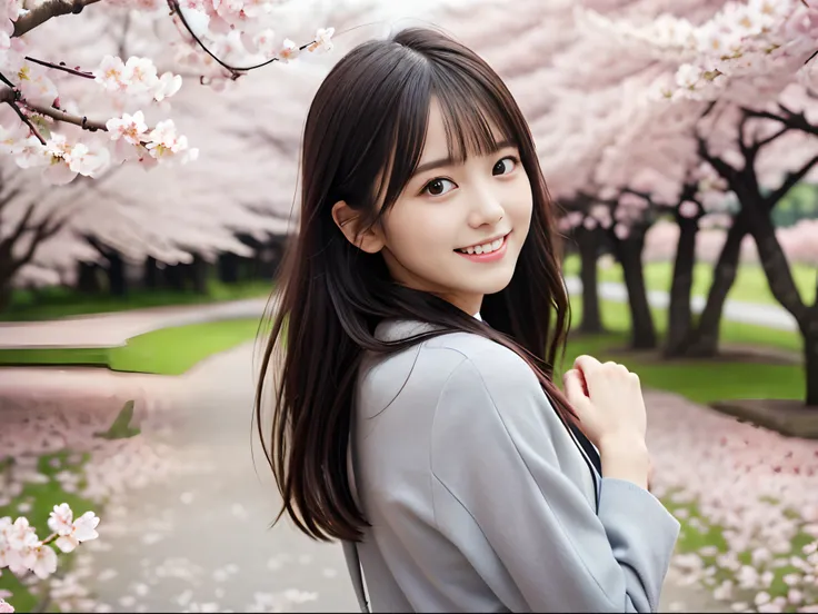 (Dressed in winter uniform、Close up portrait of one girl with slender small breasts and long hair dull bangs:1.5)、(Girl looks back、Open your hands wide with a small smile、the hair flutters with the wind :1.5)、(Rows of cherry blossom trees in full bloom and...