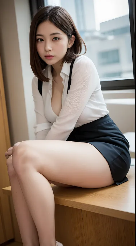 ((of the highest quality, 8K, masutepiece: 1.3, Raw photo)), Sharp Focus: 1.2, (1 AESPA Girl :1.1), Solo, (Realistic, Photorealistic: 1.37),  Cute face, hyperdetailed face, Short messy hair, Small Smile, large full breasts, (Business suits: 1.1), ((Sitting...