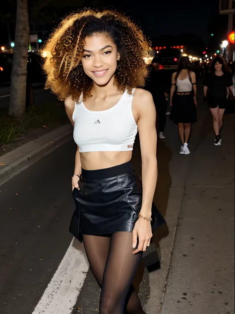 show entire body, aerial view, feet in view, Zendaya, curly hair, tiny t-shirt, underboob, short skirt, pantyhose, sneakers, walking city street, night, smiling,